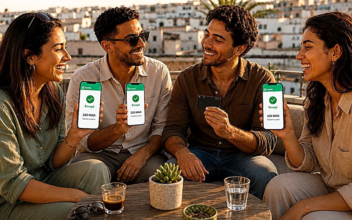 Amis marocains partageant une dépense avec Sayfetly.