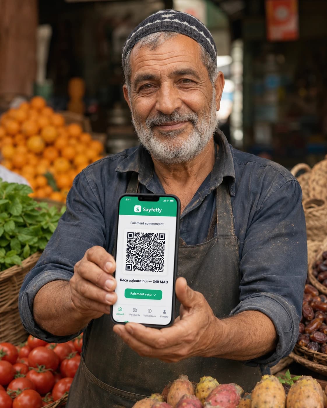 Commerçant marocain encaissant un paiement par QR avec Sayfetly.