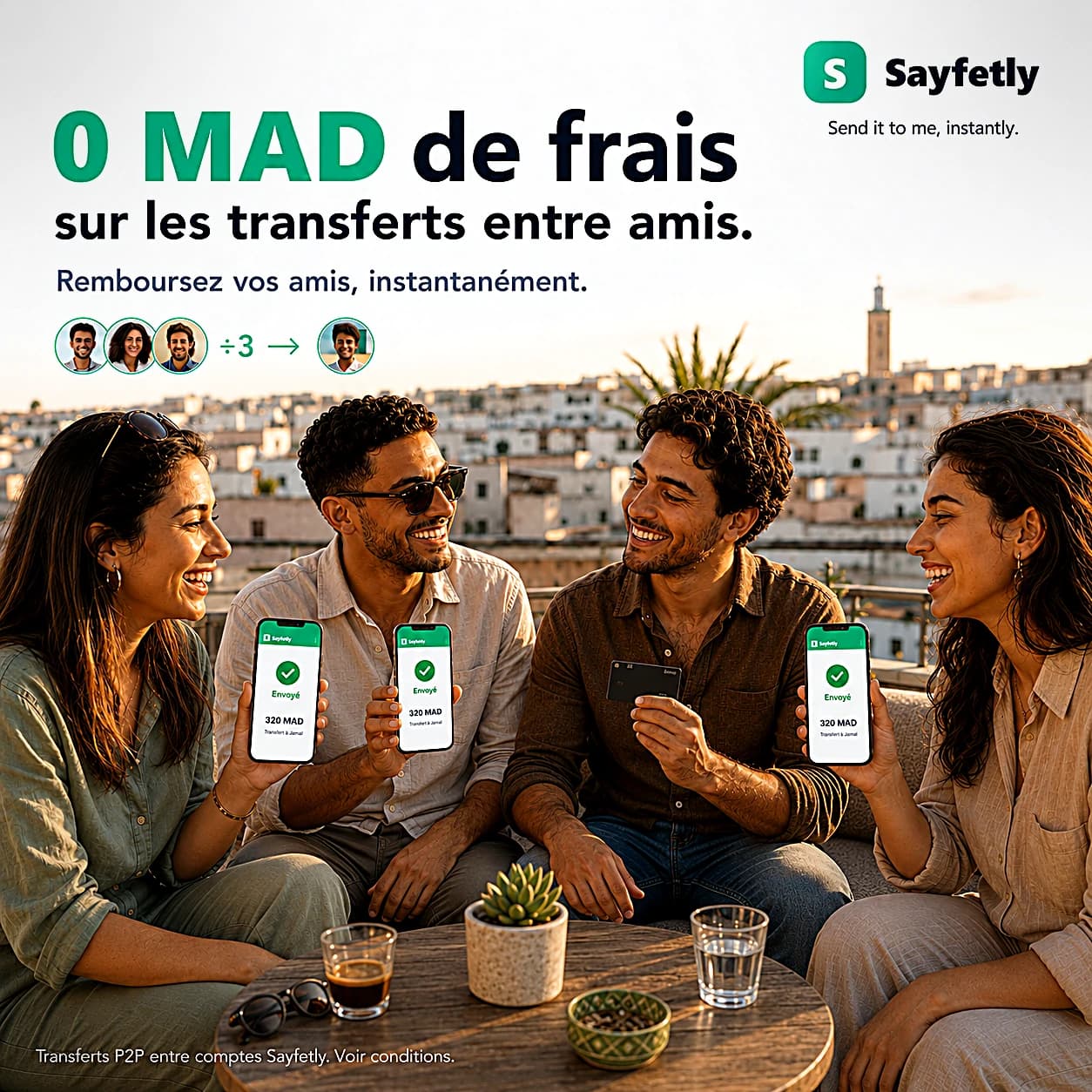 Amis marocains partageant une dépense avec Sayfetly.